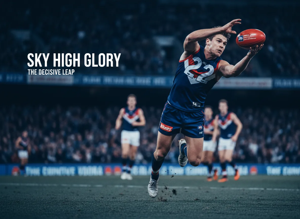 AFL players contesting a mark under stadium lights